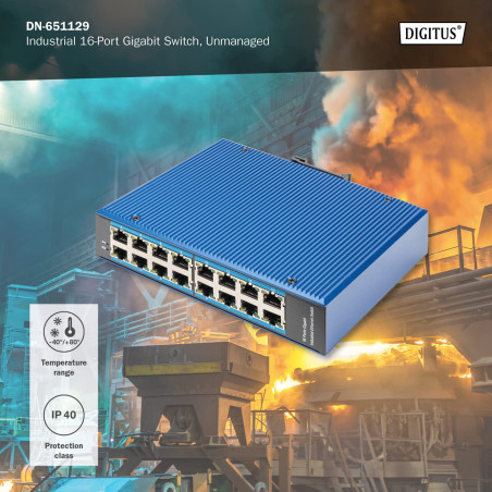 DIGITUS Commutateur réseau - 16 Ports Gigabit Ethernet - 16x RJ45 - Non géré - 10/100/1000 Mbps - Rail DIN et Montage Mural - IP