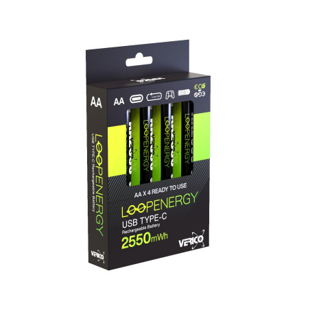 VERICO LoopEnergy AA 2550 Wiederaufladbare USB-C Batterie AA 1,5V 2550mWh (1700mAh) Li-ION, Schnellladung Via USB-C Anschluss in