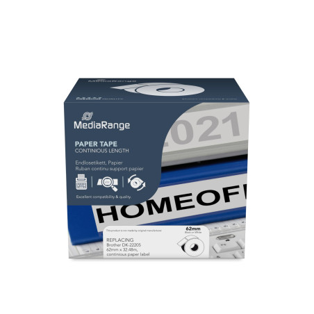 MediaRange Etiquette en papier sans fin pour Brother DK-22205 62 mm 30,48 m Noir sur blanc