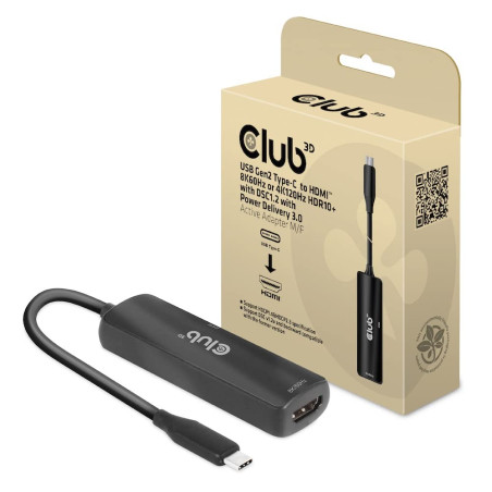 Club 3D CAC-1588 USB Gen2 Type-C vers HDMI™ 8K60Hz ou 4K120Hz HDR10, DSC1.2, Power Delivery 3.0 Activ Adapter St./B.