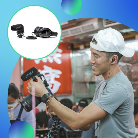 Joby Wavo Plus, Microphone De Vlogging sur Caméra, Microphone Super Cardioïde avec Monitoring Audio en Direct, Filtre Passe-Haut