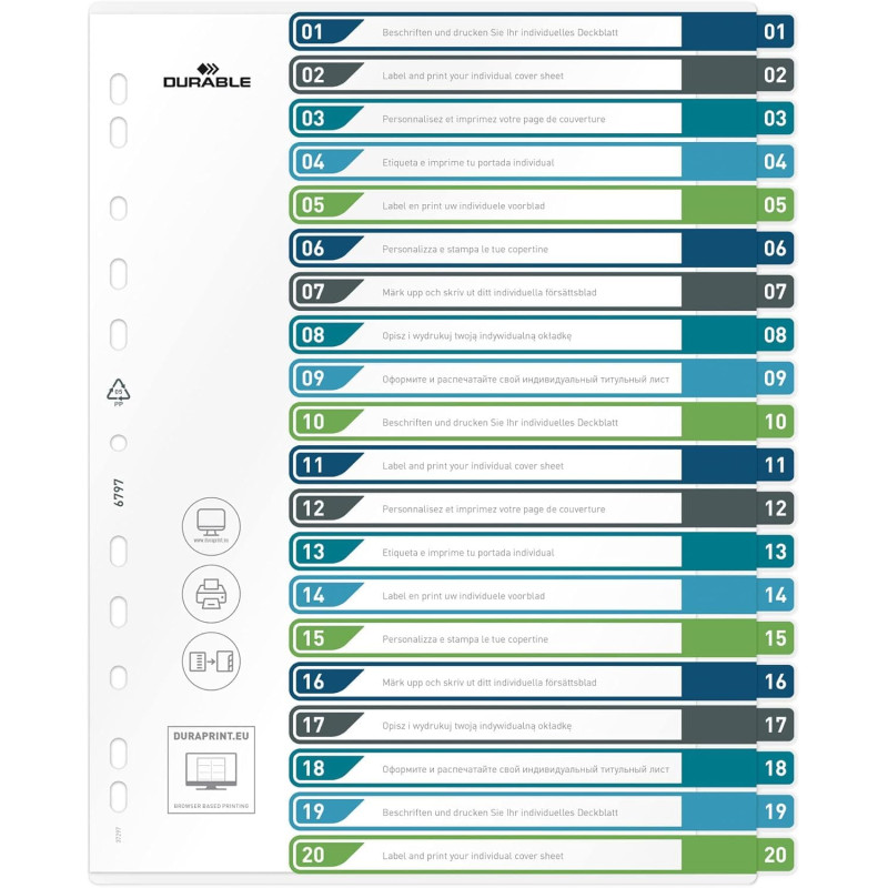 DURABLE - Intercalaires imprimables translucides A4+ 20 onglets - multicolore - 1 pièce - 679727 DURABLE - Intercalaires imprimables translucides A4+ 20 onglets - multicolore - 1 pièce - 679727