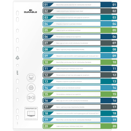 DURABLE - Intercalaires imprimables translucides A4+ 20 onglets - multicolore - 1 pièce - 679727