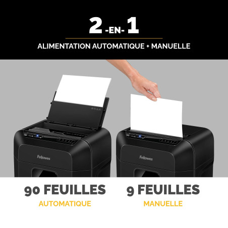 Fellowes Destructeur Hybride AutoMax 90M pour Bureau et Domicile - Alimentation : 90 Feuilles en Automatique et 9 en Manuel - Fo