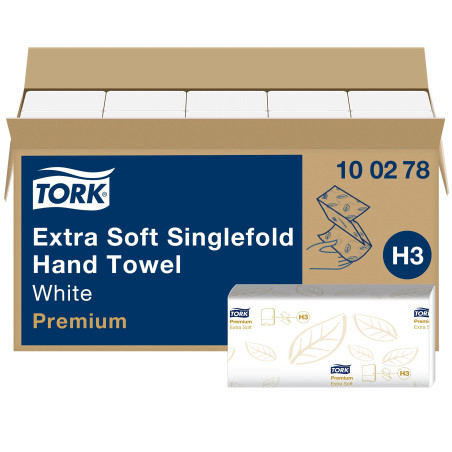 Tork Essuie-mains pliés en V extra-doux Premium - 100278 - Papier d'essuyage pour Distributeur H3 - Pliage en V haute absorption