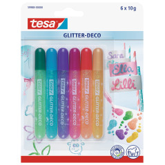Tesa Glitter Déco Pack de 6 Styos Colles Paillettes Fluo Or/Argent/Rouge/Rose/Bleu/Vert