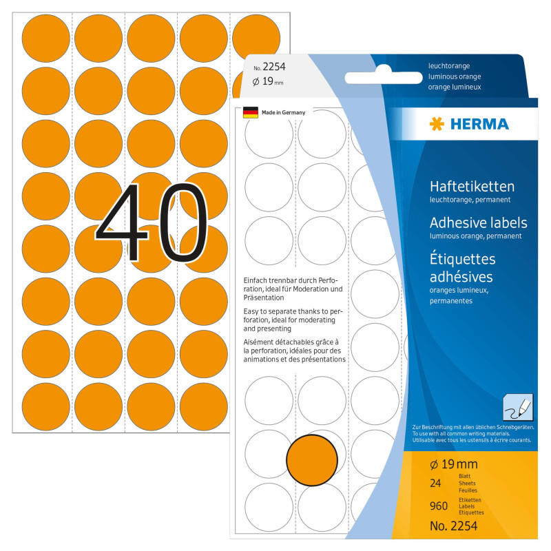 Herma 2254 Étiquettes universelles support perforé diamètre 19 mm 960 pièces Orange fluo Herma 2254 Étiquettes universelles support perforé diamètre 19 mm 960 pièces Orange fluo