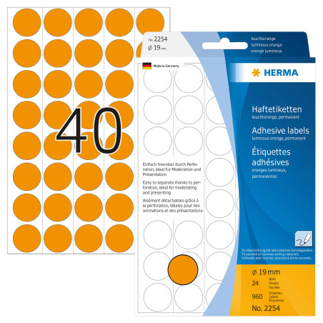 Herma 2254 Étiquettes universelles support perforé diamètre 19 mm 960 pièces Orange fluo