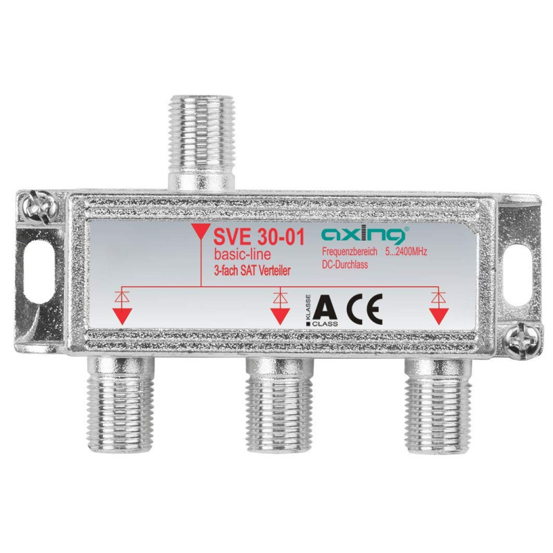 Axing SVE 30-01 Répartiteurs 3 voies Sat Splitter 5-2400 MHz y compris terrestre, avec passage CC Axing SVE 30-01 Répartiteurs 3 voies Sat Splitter 5-2400 MHz y compris terrestre, avec passage CC