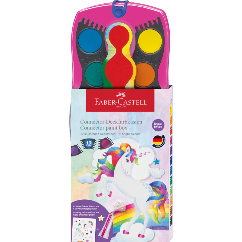 Faber-Castell 125002 - Boîte d'aquarelle Connector édition licorne avec 12 couleurs, tube de paillettes arc-en-ciel inclus Faber-Castell 125002 - Boîte d'aquarelle Connector édition licorne avec 12 couleurs, tube de paillettes arc-en-ciel inclus