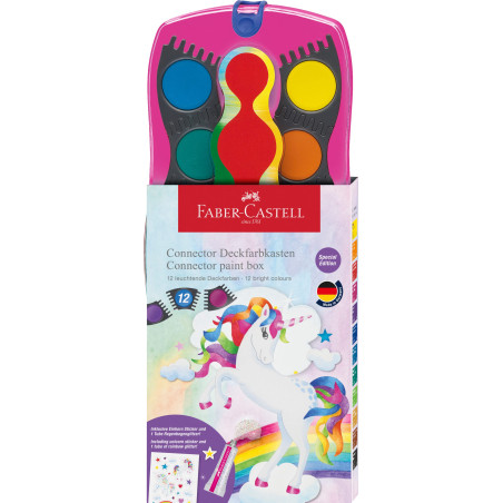 Faber-Castell 125002 - Boîte d'aquarelle Connector édition licorne avec 12 couleurs, tube de paillettes arc-en-ciel inclus