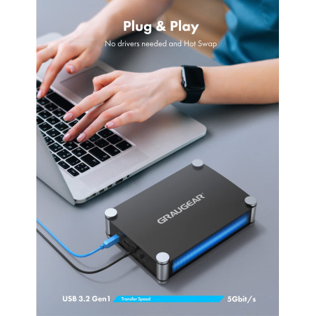 GRAUGEAR Boîtier externe en aluminium pour 1x lecteur Blu-Ray-CD-DVD, 5,25" SATA, connexion USB 3.0 et eSATA, avec adaptateur US