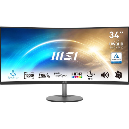 MSI Pro MP341CQ Écran Bureautique Incurvé 34" UWQHD - Dalle VA 1500R, 3440x1440, 100Hz, Confort Oculaire, sRGB 116%, HDR Ready,
