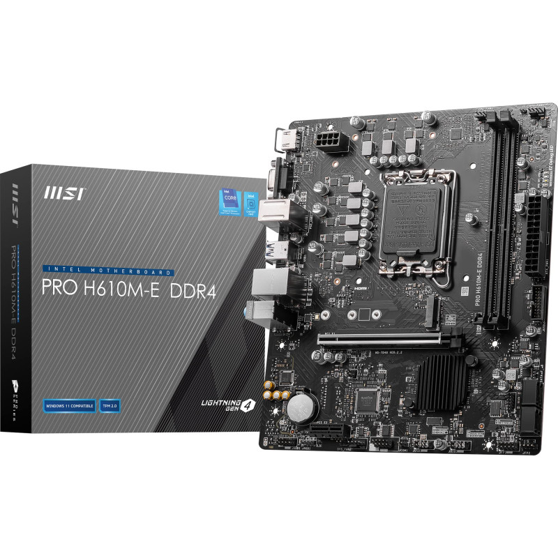 MSI Pro H610M-E DDR4 Carte mère, Micro-ATX - pour processeur Intel de 14e, 13e et 12e gén., LGA 1700 - DDR4 Memory Boost 3200MHz MSI Pro H610M-E DDR4 Carte mère, Micro-ATX - pour processeur Intel de 14e, 13e et 12e gén., LGA 1700 - DDR4 Memory Boost 3200MHz