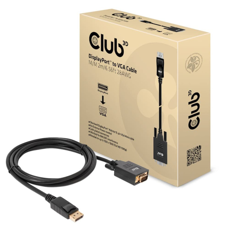 Club 3D CAC-1012 Câble DisplayPort™ vers VGA 2 m 28 AWG Club 3D CAC-1012 Câble DisplayPort™ vers VGA 2 m 28 AWG