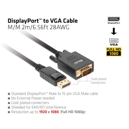 Club 3D CAC-1012 Câble DisplayPort™ vers VGA 2 m 28 AWG