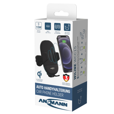 ANSMANN Wireless Car Charger WCC15 (1 Pezzo) - Caricatore a induzione da Fissare Alla bocchetta dell'aria dell'auto - Supporto p