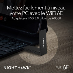 NETGEAR Nighthawk Clé WiFi USB (A8000), Adaptateur USB Ethernet WiFi 6E AXE3000, Dongle WiFi sans Fil pour Ordinateur Portable o