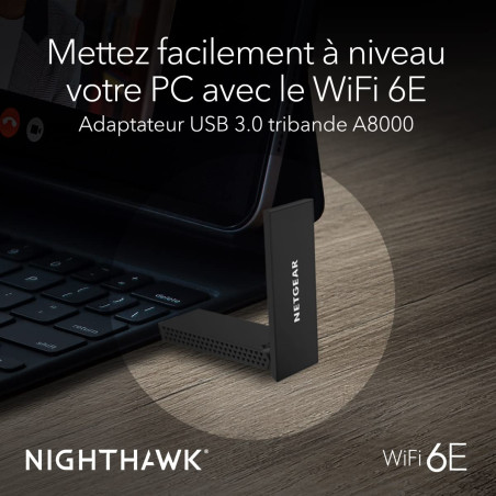 NETGEAR Nighthawk Clé WiFi USB (A8000), Adaptateur USB Ethernet WiFi 6E AXE3000, Dongle WiFi sans Fil pour Ordinateur Portable o