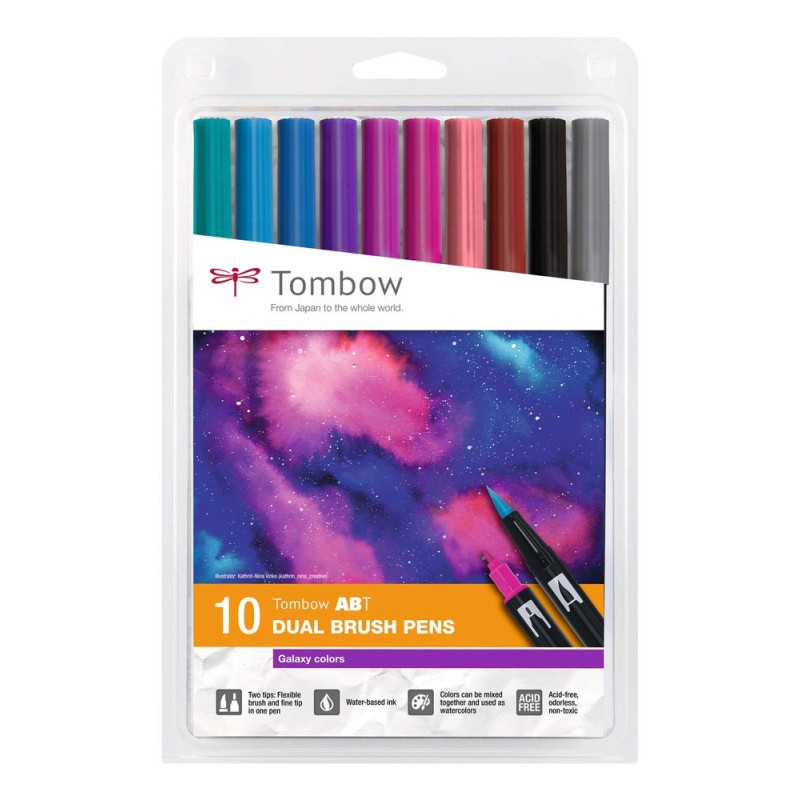 Tombow ABT-10C-3, Feutre pinceau ABT Dual Brush Pen, double pointes, à base d'eau, Set de 10 couleurs "Galaxy" Tombow ABT-10C-3, Feutre pinceau ABT Dual Brush Pen, double pointes, à base d'eau, Set de 10 couleurs "Galaxy"
