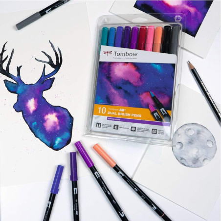 Tombow ABT-10C-3, Feutre pinceau ABT Dual Brush Pen, double pointes, à base d'eau, Set de 10 couleurs "Galaxy"