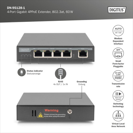 DIGITUS Gigabit PoE Indoor Extender, 4 Ports, 85W 100m Extension, cascadable, Auto-alimenté