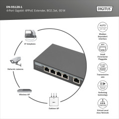 DIGITUS Gigabit PoE Indoor Extender, 4 Ports, 85W 100m Extension, cascadable, Auto-alimenté