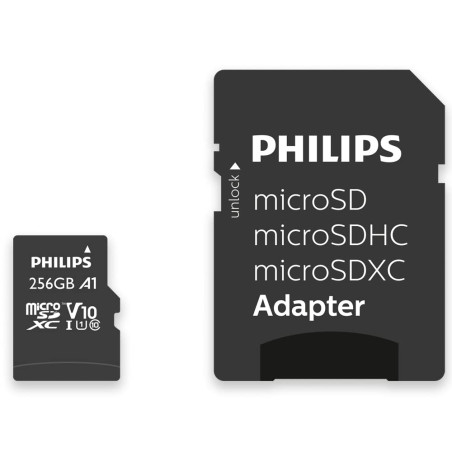 Philips Ultra Speed Carte microSDXC Card 256 Go + Adaptateur SD UHS-I U1, Vitesse de Lecture jusqu'à 80 Mo/s, A1 Fast App Perfor