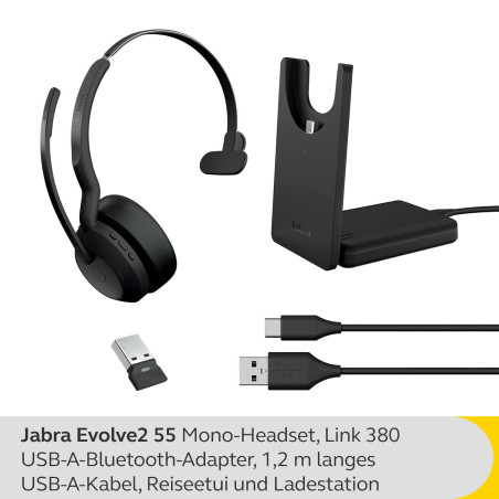 Jabra Evolve2 55 Micro-casque sans fil mono avec base de chargement, Jabra Air Comfort, micros à réduction de bruit et ANC. Fonc