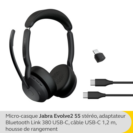 Jabra Evolve2 55 Micro-casque sans fil stéréo avec technologie Jabra Air Comfort, micros à réduction de bruit et ANC. Fonctionne