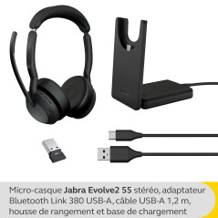 Jabra Evolve2 55, Casque Bluetooth Sans Fil avec Station de Charge, 4 Microphones, Réduction Active du Bruit, Design Léger, 18h