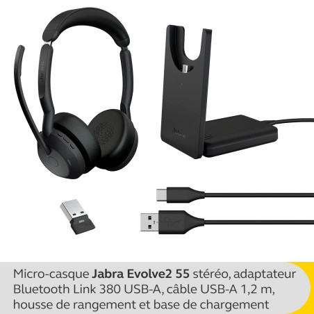Jabra Evolve2 55, Casque Bluetooth Sans Fil avec Station de Charge, 4 Microphones, Réduction Active du Bruit, Design Léger, 18h