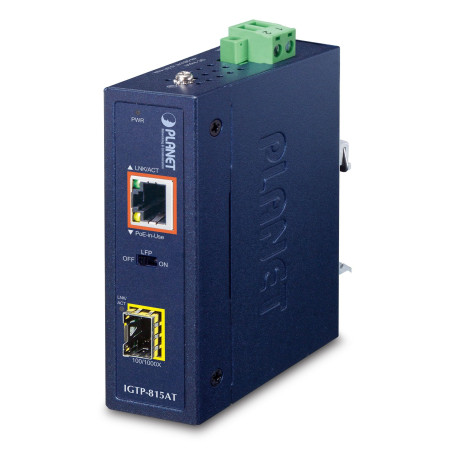 Planet IP30 Compact Size Industrial 100/1000BASE-X SFP to, IGTP-815AT (100/1000BASE-X SFP to 10/100/1000BASE-T 802.3at PoE+ Medi