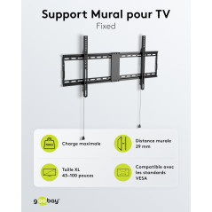 goobay Support TV Mural Fixe 43-100 Pouces Ultra-Plat 29 mm VESA 600x400 Jusqu'à 70 kg - Basic FIXED XL - 49742