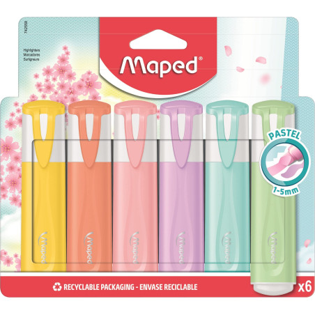 Maped - 6 Surligneurs Fluo'Peps Pastel - Pointe Biseautée - Surligneurs Longue Durée pour Usage Scolaire et Professionnel - Poin