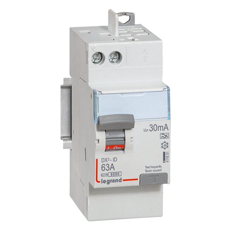 411651 Interrupteur différentiel DX³-ID arrivée haut à vis et départ haut automatique - 2P 230V~ 63A typeA 30mA - 2 modules 411651 Interrupteur différentiel DX³-ID arrivée haut à vis et départ haut automatique - 2P 230V~ 63A typeA 30mA - 2 modules