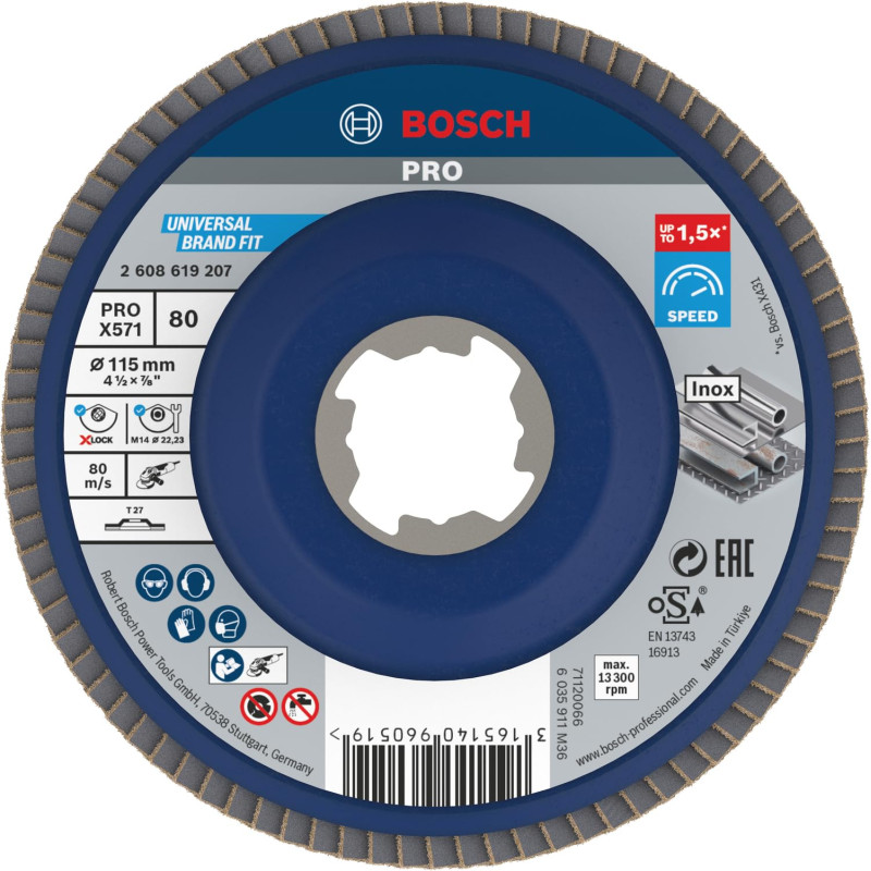 Bosch 1x Plateau à lamelles PRO Metal X571, version plate pour X-Lock (pour Acier, Acier inoxydable, Ø 115 mm, Grain 80, Profess Bosch 1x Plateau à lamelles PRO Metal X571, version plate pour X-Lock (pour Acier, Acier inoxydable, Ø 115 mm, Grain 80, Profess