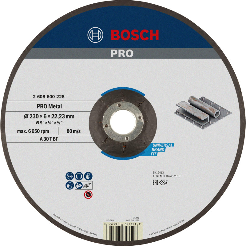 Bosch 1x Disque abrasif PRO Metal Longlife pour grande meuleuse angulaire et alésage 22,23 mm (pour Acier, Ø 230 mm, Professiona Bosch 1x Disque abrasif PRO Metal Longlife pour grande meuleuse angulaire et alésage 22,23 mm (pour Acier, Ø 230 mm, Professiona