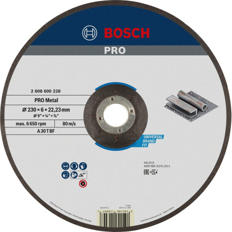 Bosch 1x Disque abrasif PRO Metal Longlife pour grande meuleuse angulaire et alésage 22,23 mm (pour Acier, Ø 230 mm, Professiona