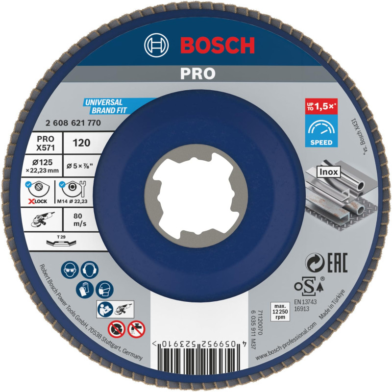 Bosch 1x Plateau à lamelles PRO Metal X571, version bombée pour X-Lock (pour Acier, Acier inoxydable, Ø 125 mm, Grain 120, Profe Bosch 1x Plateau à lamelles PRO Metal X571, version bombée pour X-Lock (pour Acier, Acier inoxydable, Ø 125 mm, Grain 120, Profe