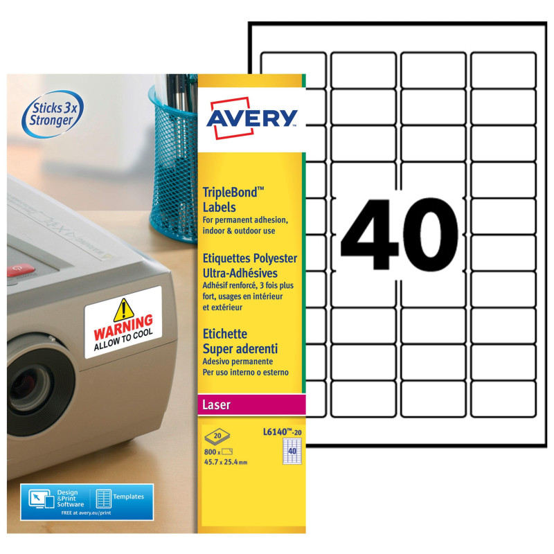 AVERY - 800 Étiquettes Ultra-Adhésives Personnalisables Polyester - Format 45,7 x 25,4 mm - Impression Laser