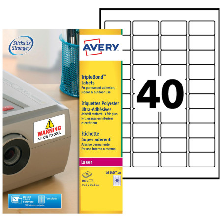 AVERY - 800 Étiquettes Ultra-Adhésives Personnalisables Polyester - Format 45,7 x 25,4 mm - Impression Laser
