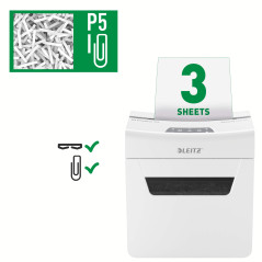 Leitz IQ 80930000 3M Premium - Destructeur de Documents Coupe Micro Sécurité P5, Capacité 3 Feuilles, Corbeille 10 litres, Blanc