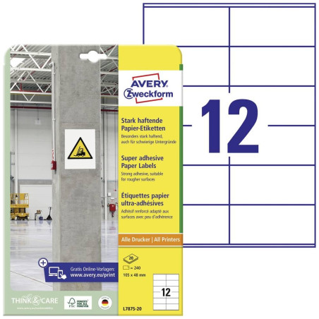 Avery Zweckform l7875–20 Papier antidérapante Étiquettes, 105 x 48 mm, 20 feuilles/240 étiquettes Blanc