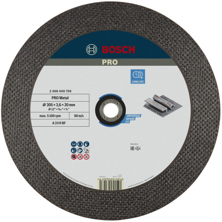 Bosch 1x Disque à tronçonner PRO Metal Longlife pour tronçonneuse thermique et alésage 20 mm (pour Acier, Ø 305 mm, Professional