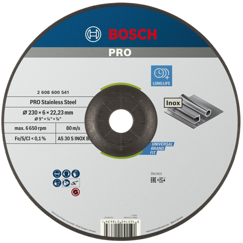 Bosch 1x Disque abrasif PRO Stainless Steel Longlife pour grande meuleuse angulaire et alésage 22,23 mm (pour Acier inoxydable, Bosch 1x Disque abrasif PRO Stainless Steel Longlife pour grande meuleuse angulaire et alésage 22,23 mm (pour Acier inoxydable,