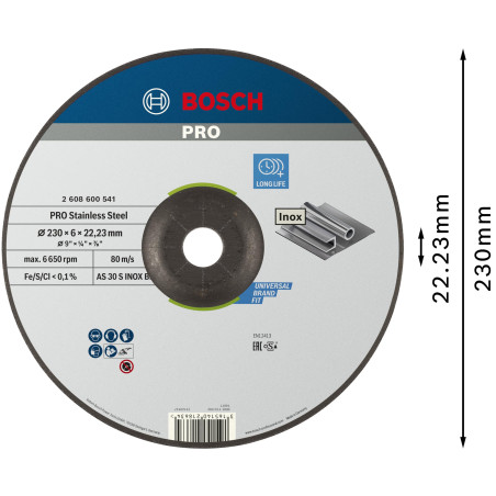 Bosch 1x Disque abrasif PRO Stainless Steel Longlife pour grande meuleuse angulaire et alésage 22,23 mm (pour Acier inoxydable,