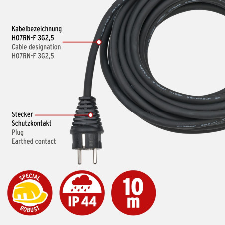 Brennenstuhl 1166810 Cordon prolongateur pour Chantier IP44 H07RN-F 3G2,5, Noir, 10 m