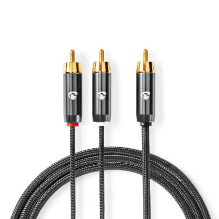 NEDIS Câble subwoofer | RCA Mâle | 2X RCA Male | Plaqué Or | 3.00 m | Rond | 4.5 mm | Gris/Gris Bronze | Sachet avec Fenetre