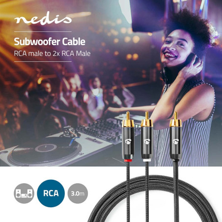 NEDIS Câble subwoofer | RCA Mâle | 2X RCA Male | Plaqué Or | 3.00 m | Rond | 4.5 mm | Gris/Gris Bronze | Sachet avec Fenetre
